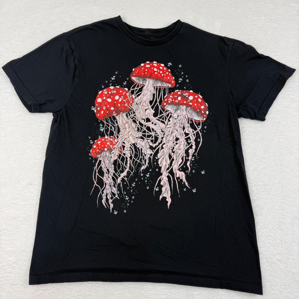 Threadless Mushroom Jellyfish Graphic Tee Mens Unisex Size M Black Quirky Whimsy